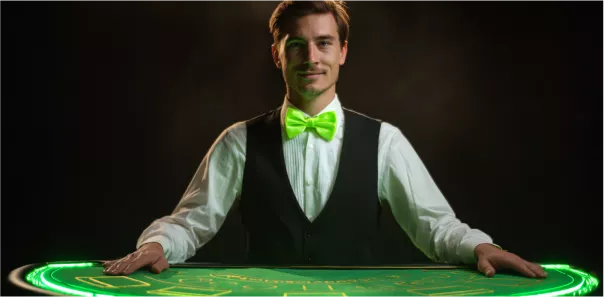 Krupier kasyna WinWin w zielonej muszce